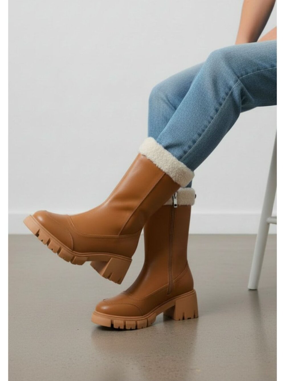 Womens Tan Faux Leather Block Heel Winter Boots With Faux Fur Lining & Side Zipp